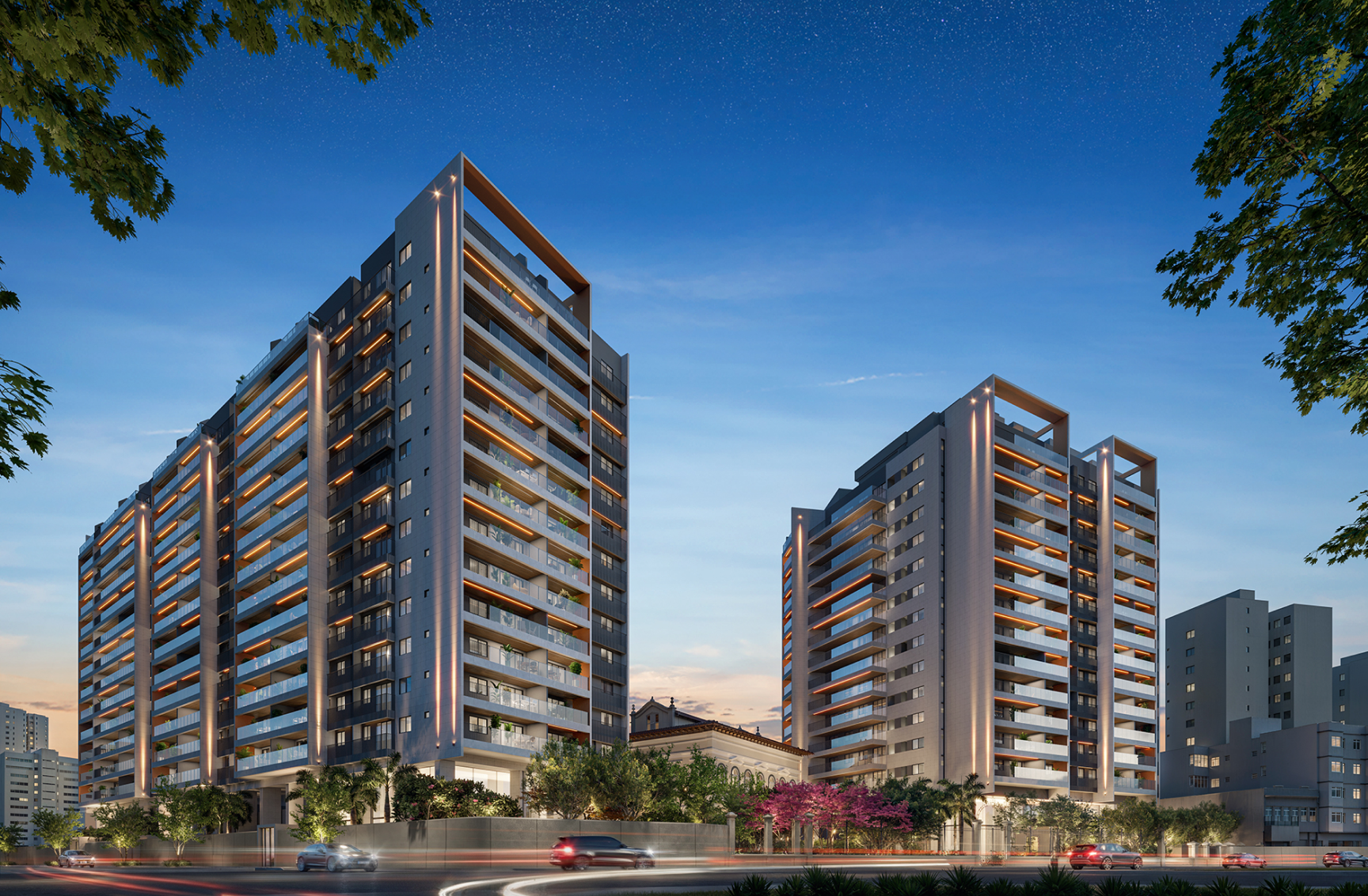 Vista das torres residenciais Symphony à noite